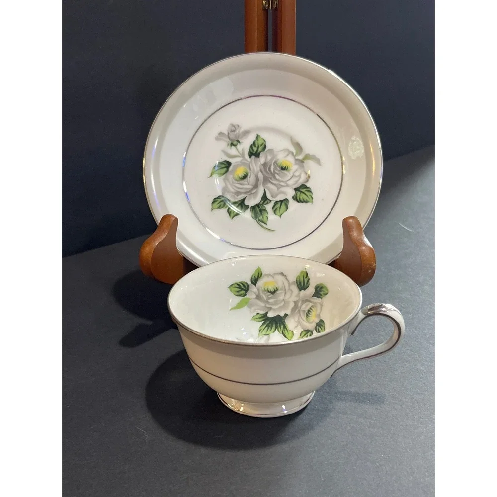 Gold Coast China First Love Tea Cup Saucer Set White Rose Platinum Trim Japan
